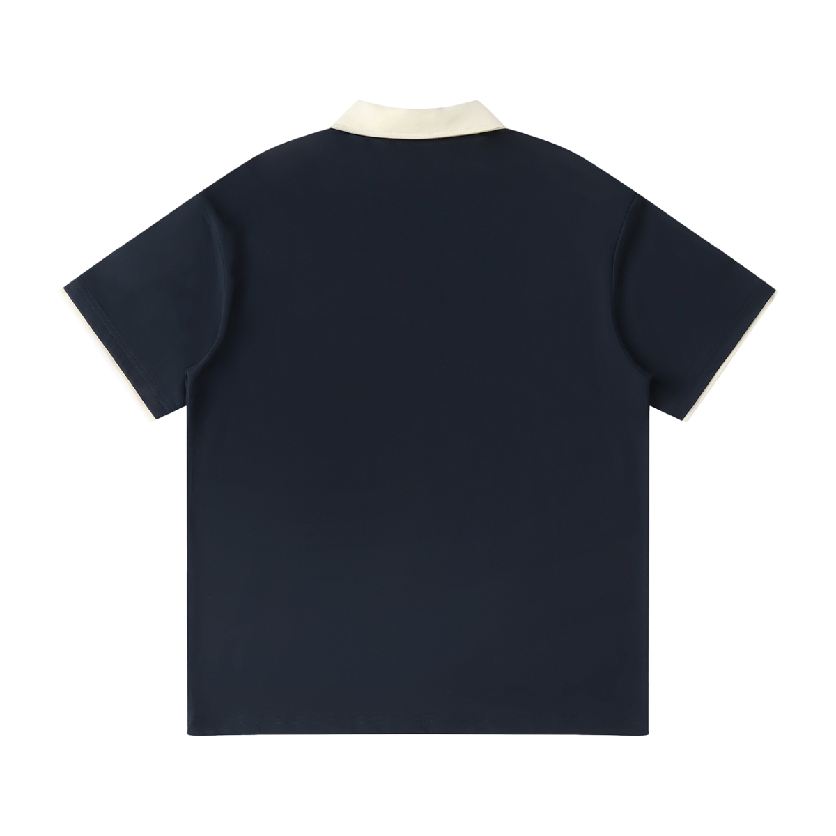 YA TOUR Contrast Collar Raglan Polo Shirt – Navy Blue, back view with cream contrast collar detail