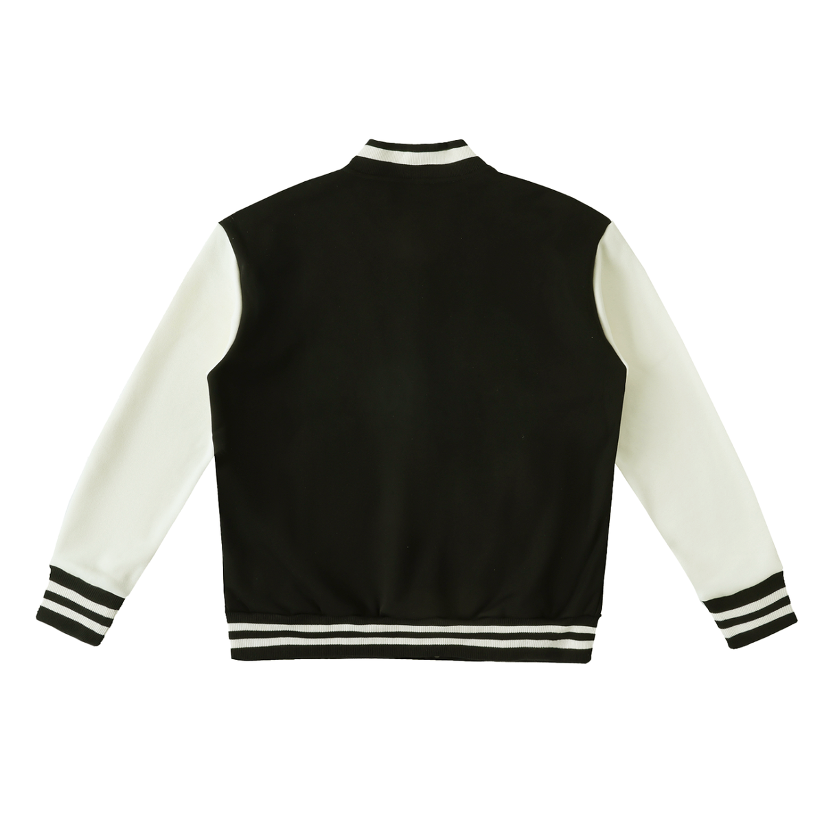YA TOUR Two-Tone Fleeced Varsity Jacket – Black and White, back view showing two-tone colorblock design