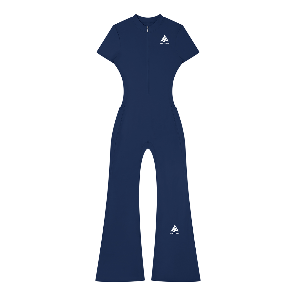 YA TOUR Women's Tight Flared Leg Quarter-Zip Jumpsuit – Royal Blue, front view with quarter-zip closure and YA TOUR logo on chest