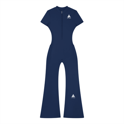 YA TOUR Women's Tight Flared Leg Quarter-Zip Jumpsuit – Royal Blue, front view with quarter-zip closure and YA TOUR logo on chest