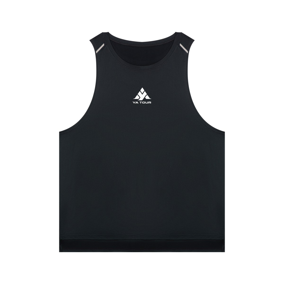 YA TOUR Men's Performance Tank Top – Black, front flat lay showing crew neck, sleeveless cut, reflective shoulder strap details and YA TOUR logo on chest