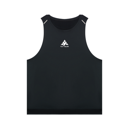 YA TOUR Men's Performance Tank Top – Black, front flat lay showing crew neck, sleeveless cut, reflective shoulder strap details and YA TOUR logo on chest