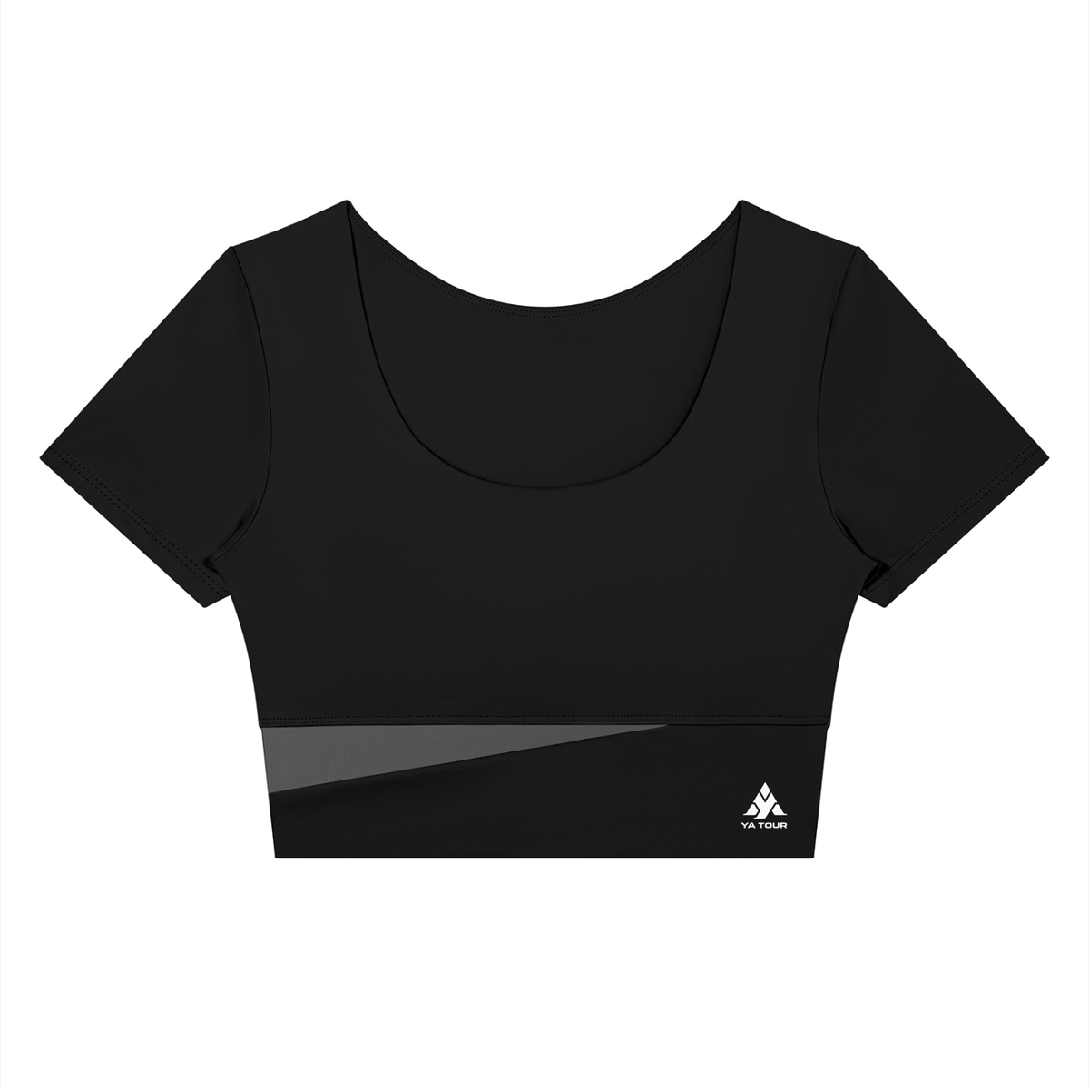 YA TOUR Women's Panelled Crop Tennis T-Shirt – Black with Dark Gray diagonal panel, front flat lay showing U-neck, short sleeve crop fit and YA TOUR logo on hem