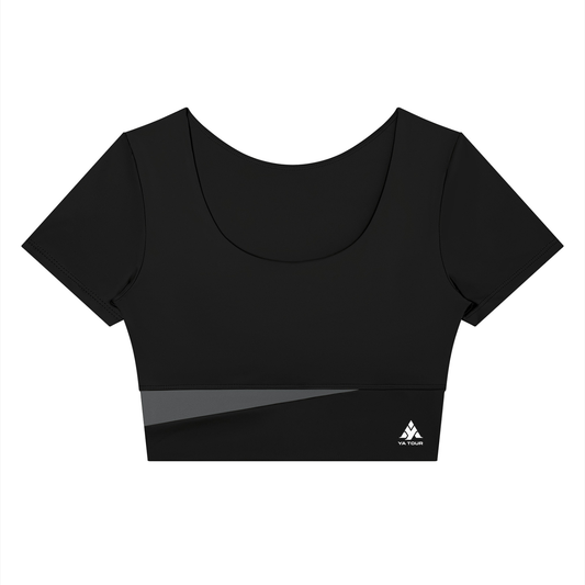 YA TOUR Women's Panelled Crop Tennis T-Shirt – Black with Dark Gray diagonal panel, front flat lay showing U-neck, short sleeve crop fit and YA TOUR logo on hem