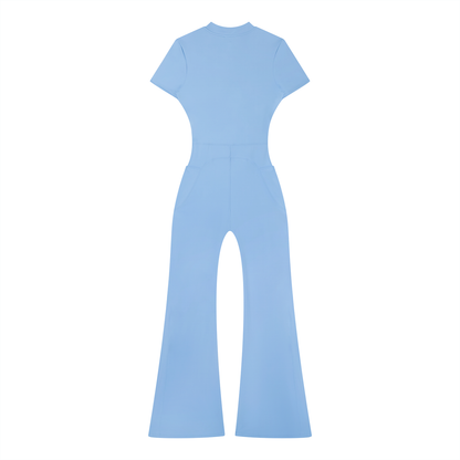 YA TOUR Women's Tight Flared Leg Quarter-Zip Jumpsuit – Blue, back view showing bodycon fit and flared leg hem