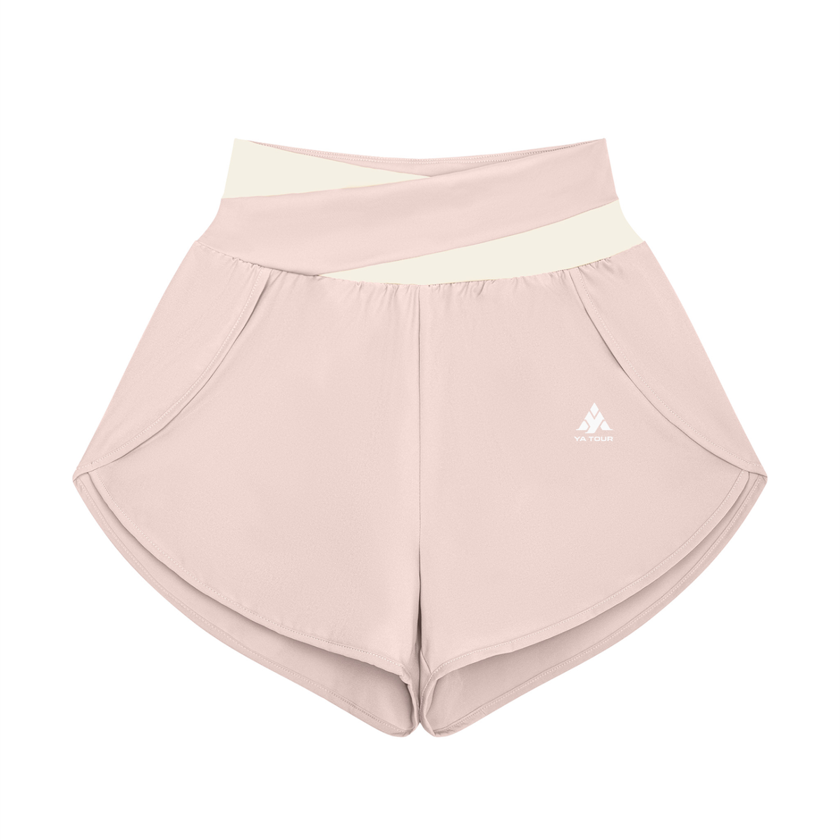 YA TOUR Women's Tennis Panelled Shorts – Light Pink with Apricot crossover color block waistband, front flat lay showing high-waist design, inner liner and overlay construction
