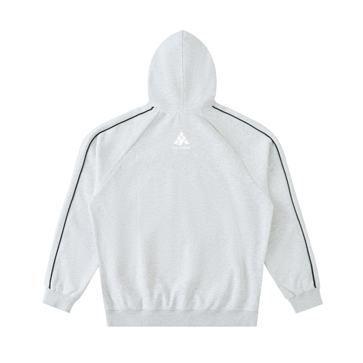 YA TOUR Contrast Piping Raglan Hoodie white gray — back view showing contrast piping along raglan seams and YA TOUR logo