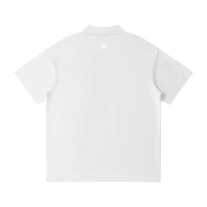 YA TOUR Unisex Quarter-Zip Polo Shirt – White, back flat lay with YA TOUR logo on upper back