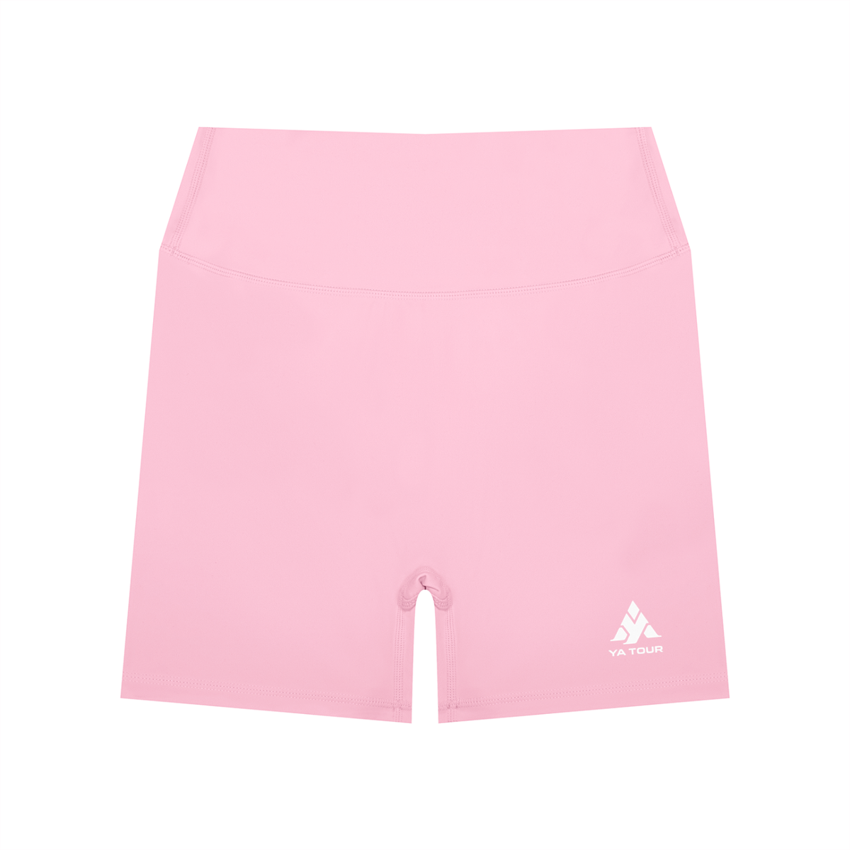 YA TOUR Women's High Waisted Shorts – Pink, front view with YA TOUR logo