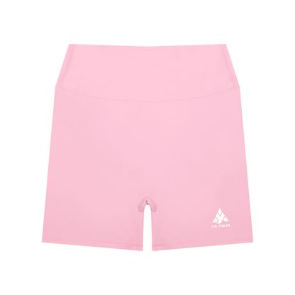 YA TOUR Women's High Waisted Shorts – Pink, front view with YA TOUR logo