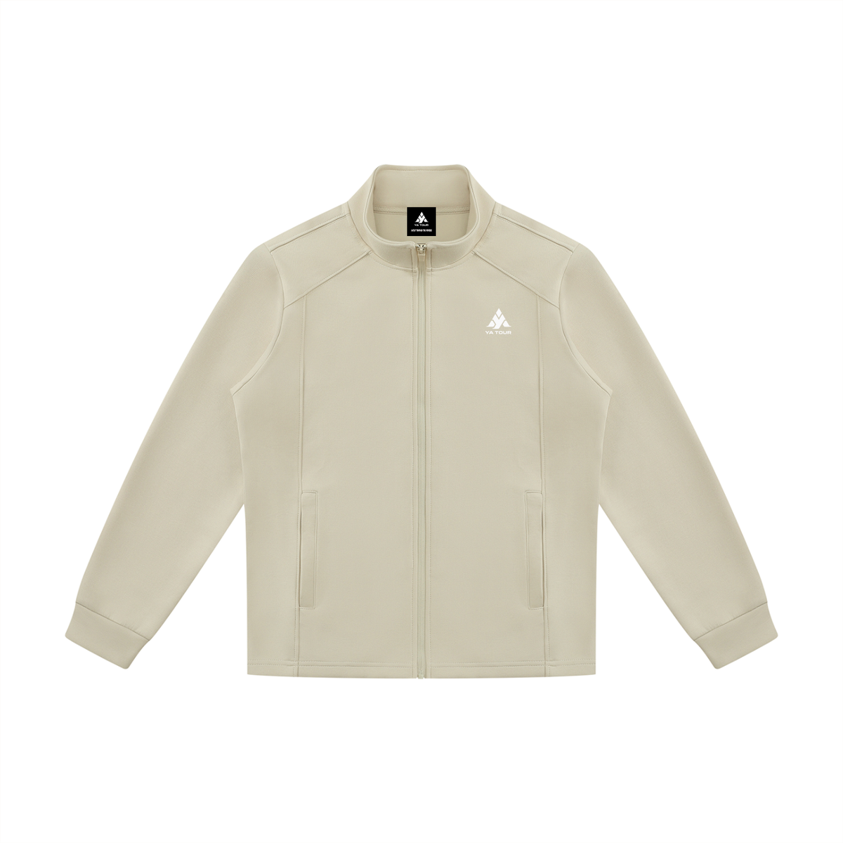 YA TOUR Unisex Stand Collar Track Jacket – Beige/Cream, front flat lay showing stand collar, full-zip closure and slash pockets
