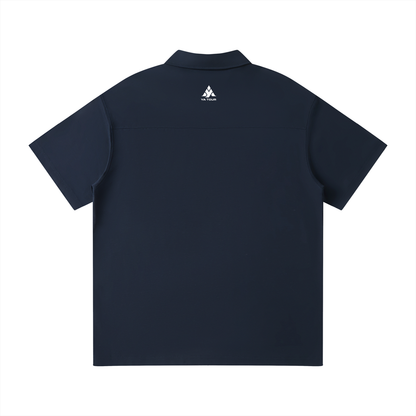 YA TOUR Unisex Quarter-Zip Polo Shirt – Navy Blue, back flat lay with YA TOUR logo on upper back 