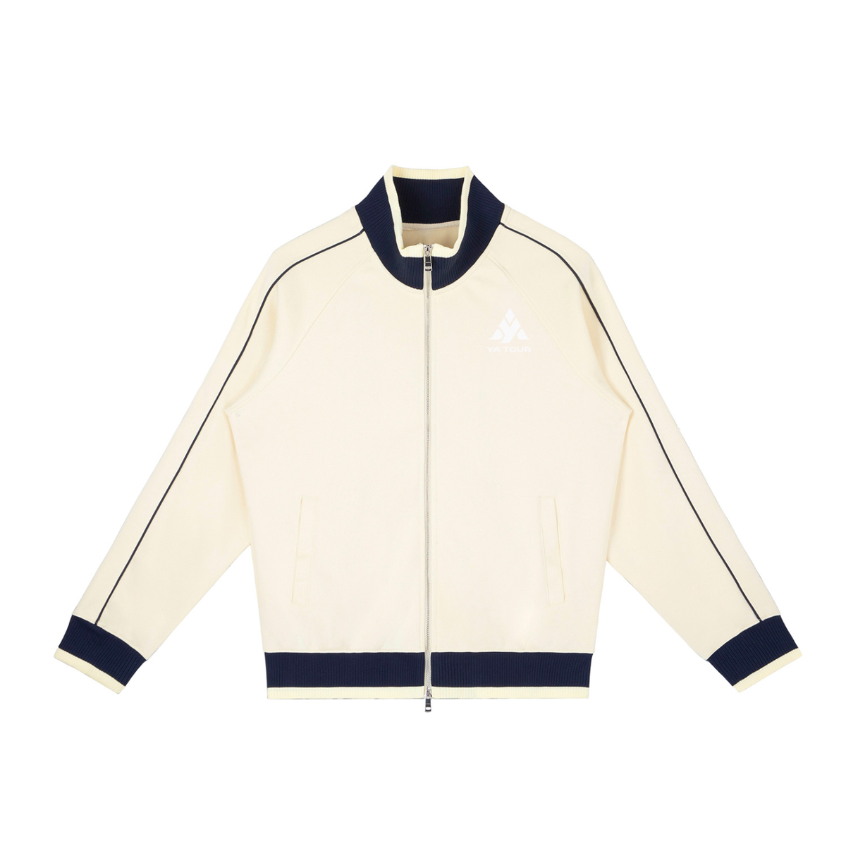 YA TOUR Color Block Raglan Sleeve Zip Track Jacket cream and navy — front view with YA TOUR logo