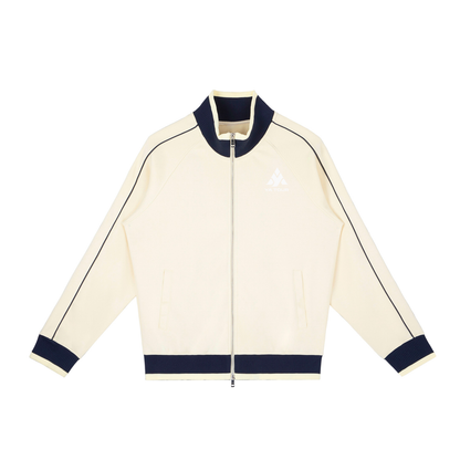 YA TOUR Color Block Raglan Sleeve Zip Track Jacket cream and navy — front view with YA TOUR logo