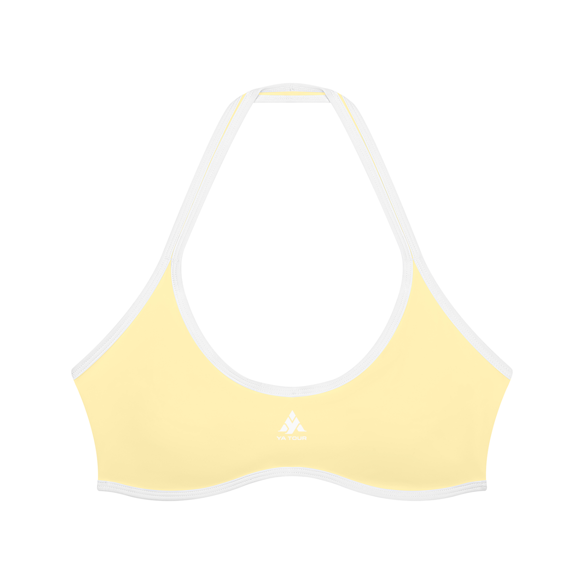 YA TOUR Women's Halter Color Block Sports Bra – Light Yellow colorway, front flat lay showing halter tie neck, color block trim and built-in cup pad with logo YA TOUR.
