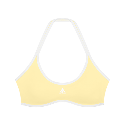 YA TOUR Women's Halter Color Block Sports Bra – Light Yellow colorway, front flat lay showing halter tie neck, color block trim and built-in cup pad with logo YA TOUR.