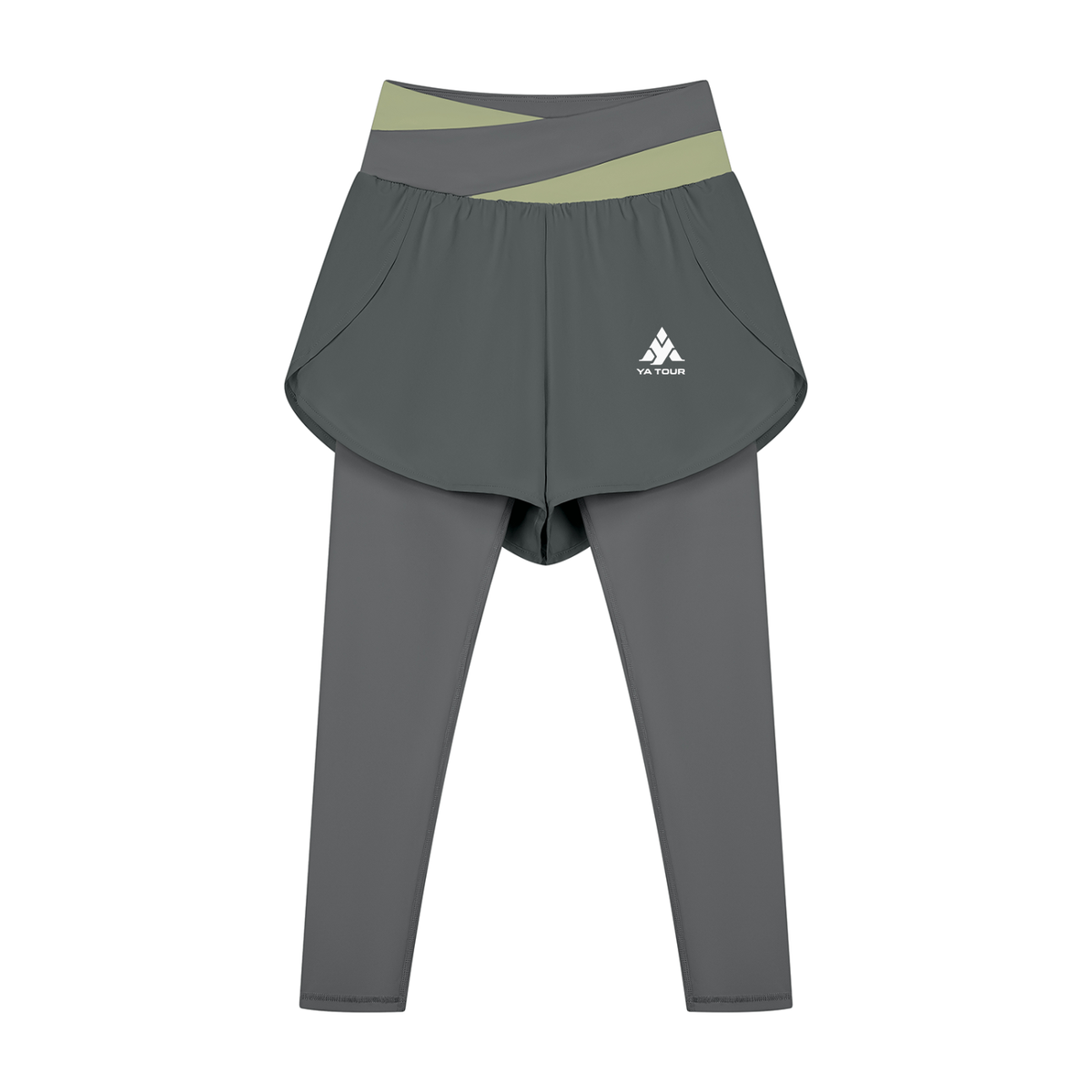 YA TOUR Women's Paneled High Waisted Shorts – Dark Gray with Bean Green, front view with logo YA TOUR