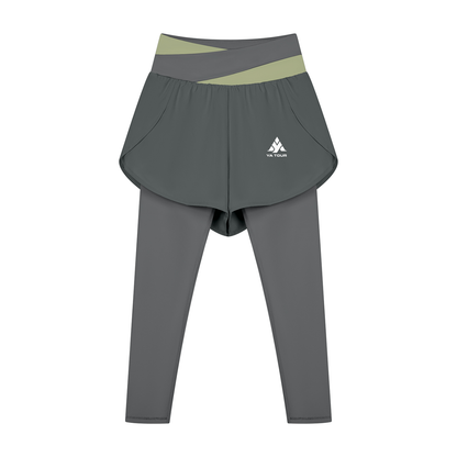 YA TOUR Women's Paneled High Waisted Shorts – Dark Gray with Bean Green, front view with logo YA TOUR