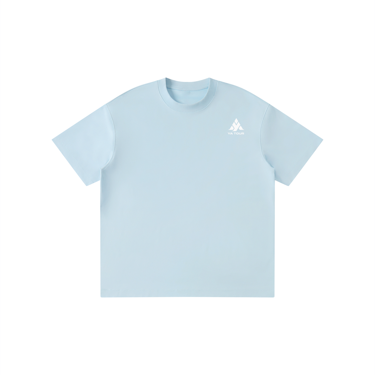 YA TOUR Kid's Solid Crewneck T-Shirt – Sky Blue, front flat lay with YA TOUR logo on left chest, drop shoulder crewneck and short sleeves