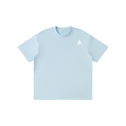 YA TOUR Kid's Solid Crewneck T-Shirt – Sky Blue, front flat lay with YA TOUR logo on left chest, drop shoulder crewneck and short sleeves