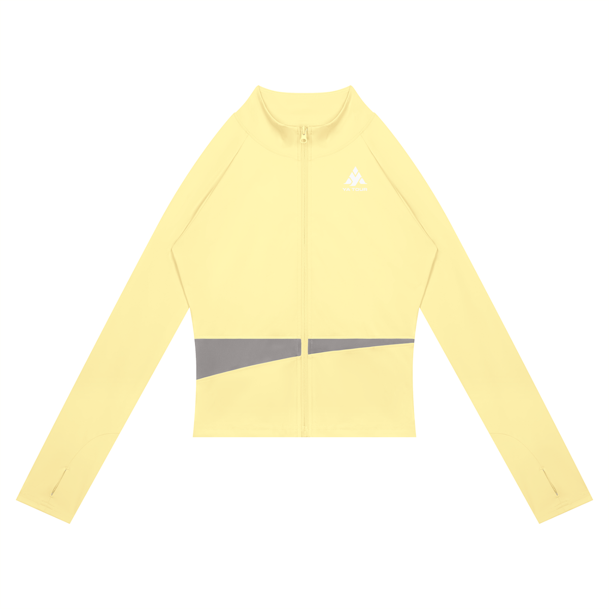 YA TOUR Women's Paneled Tennis Jacket – Light Yellow with Light Gray panel, front flat lay showing stand collar, full-zip closure and YA TOUR logo on chest