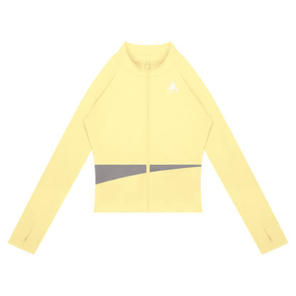 YA TOUR Women's Paneled Tennis Jacket – Light Yellow with Light Gray panel, front flat lay showing stand collar, full-zip closure and YA TOUR logo on chest