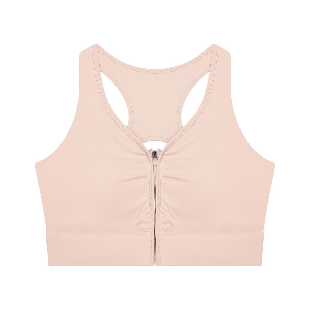 YA TOUR Women's Cropped Zip Sports Bra blush pink — front view showing front zip closure and racerback silhouette