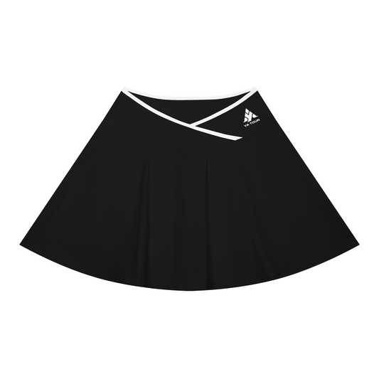 YA TOUR Women's Color Block A-Line Skirt – Black with white crossover color block waistband, front flat lay showing A-line silhouette and YA TOUR logo
