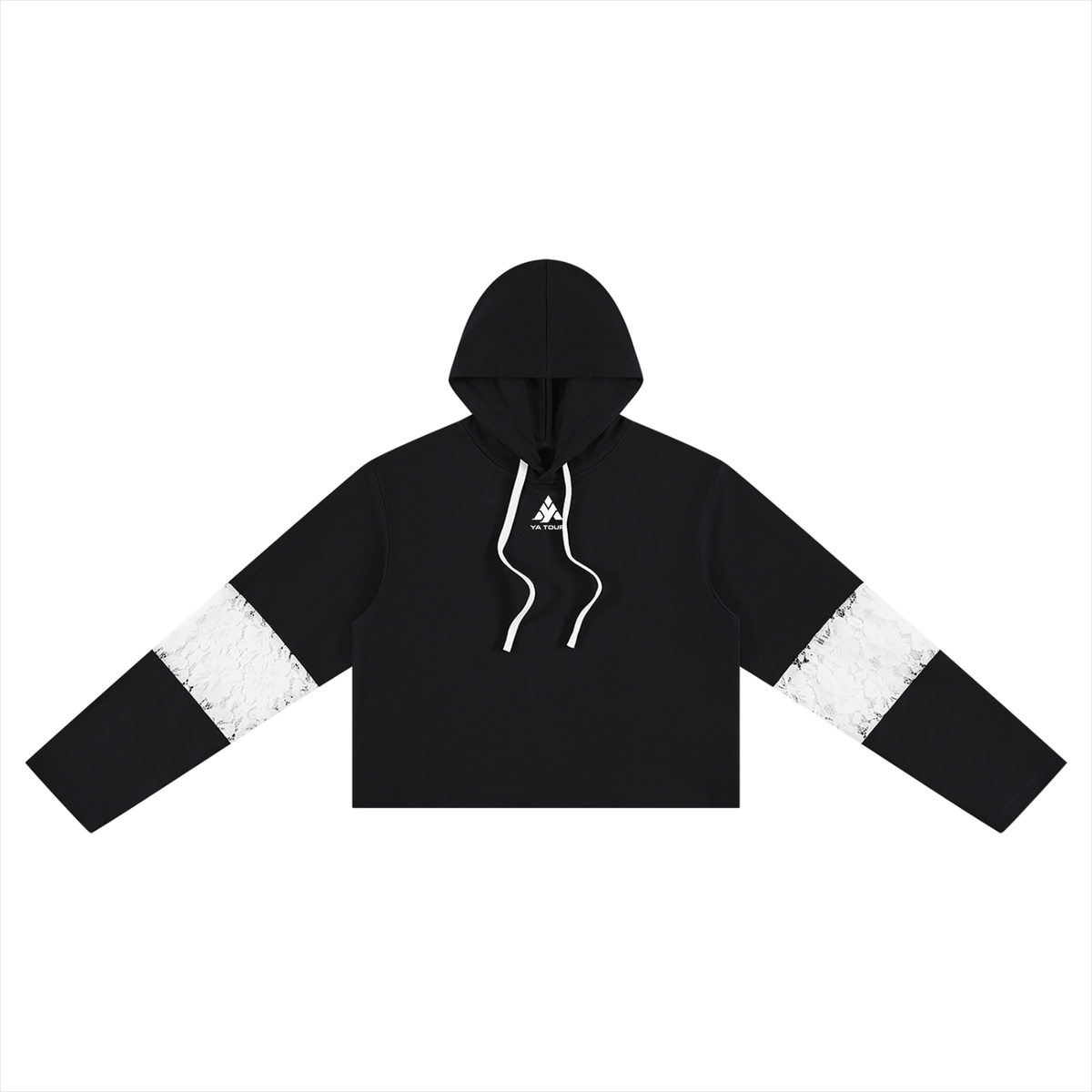 YA TOUR Women's Cropped Lace-Panel Hoodie – Black, front flat lay showing cropped boxy silhouette, lace panel on sleeve, drawstring hood and straight hem