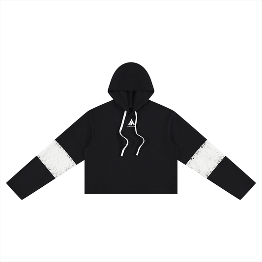 YA TOUR Women's Cropped Lace-Panel Hoodie – Black, front flat lay showing cropped boxy silhouette, lace panel on sleeve, drawstring hood and straight hem