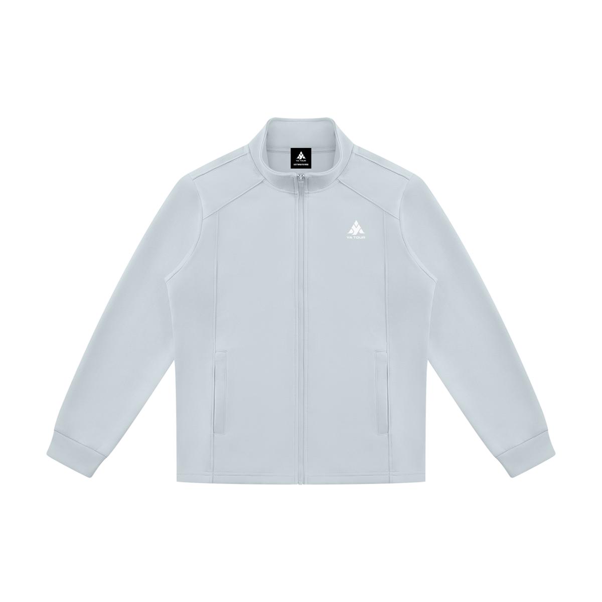 YA TOUR Unisex Stand Collar Track Jacket – Light Blue, front flat lay showing stand collar, full-zip closure and slash pockets