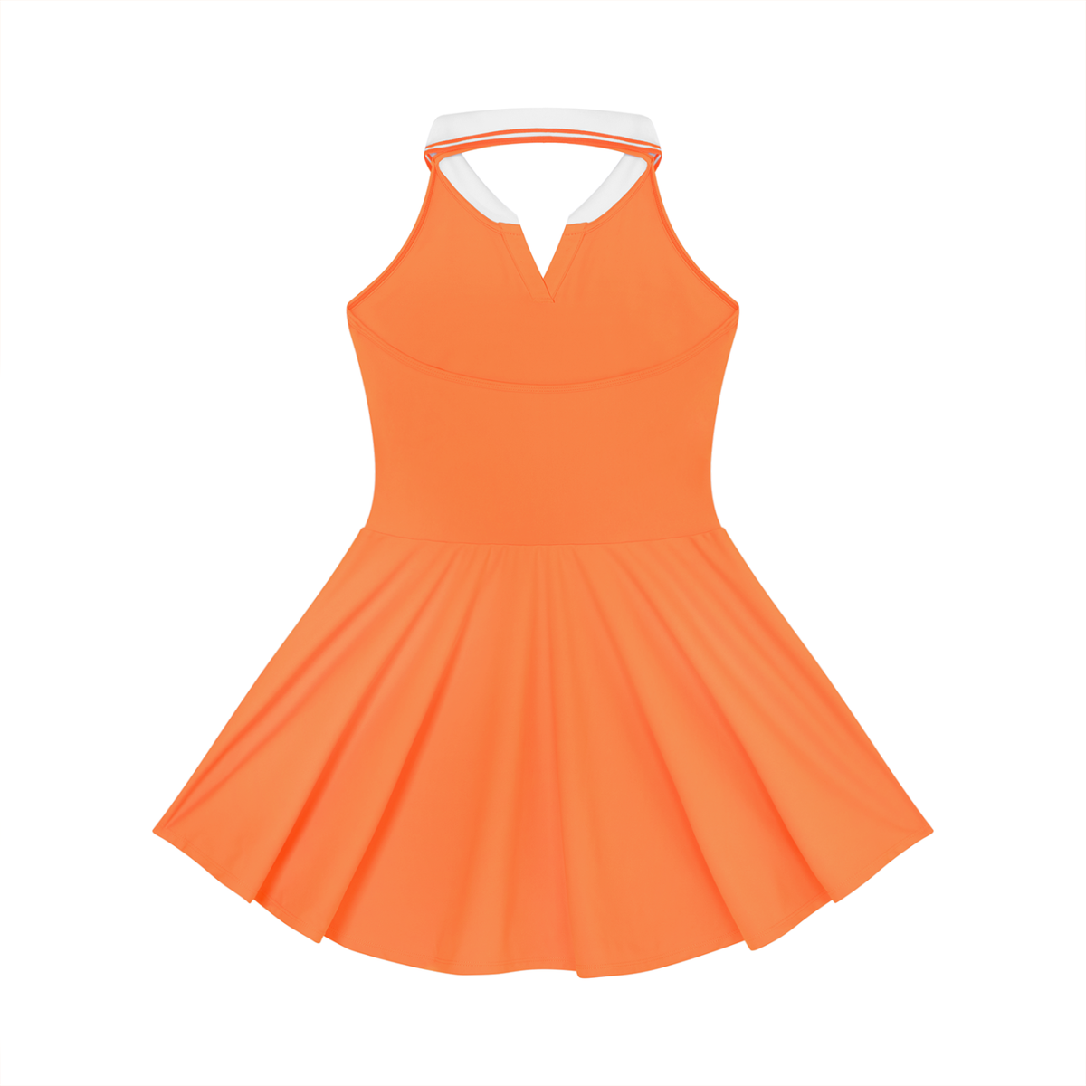 YA TOUR Women's Collared Halter A-Line Tennis Dress orange — back view showing halter strap and A-line pleated skirt