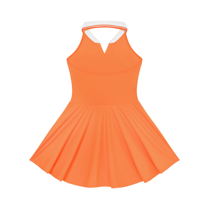 YA TOUR Women's Collared Halter A-Line Tennis Dress orange — back view showing halter strap and A-line pleated skirt