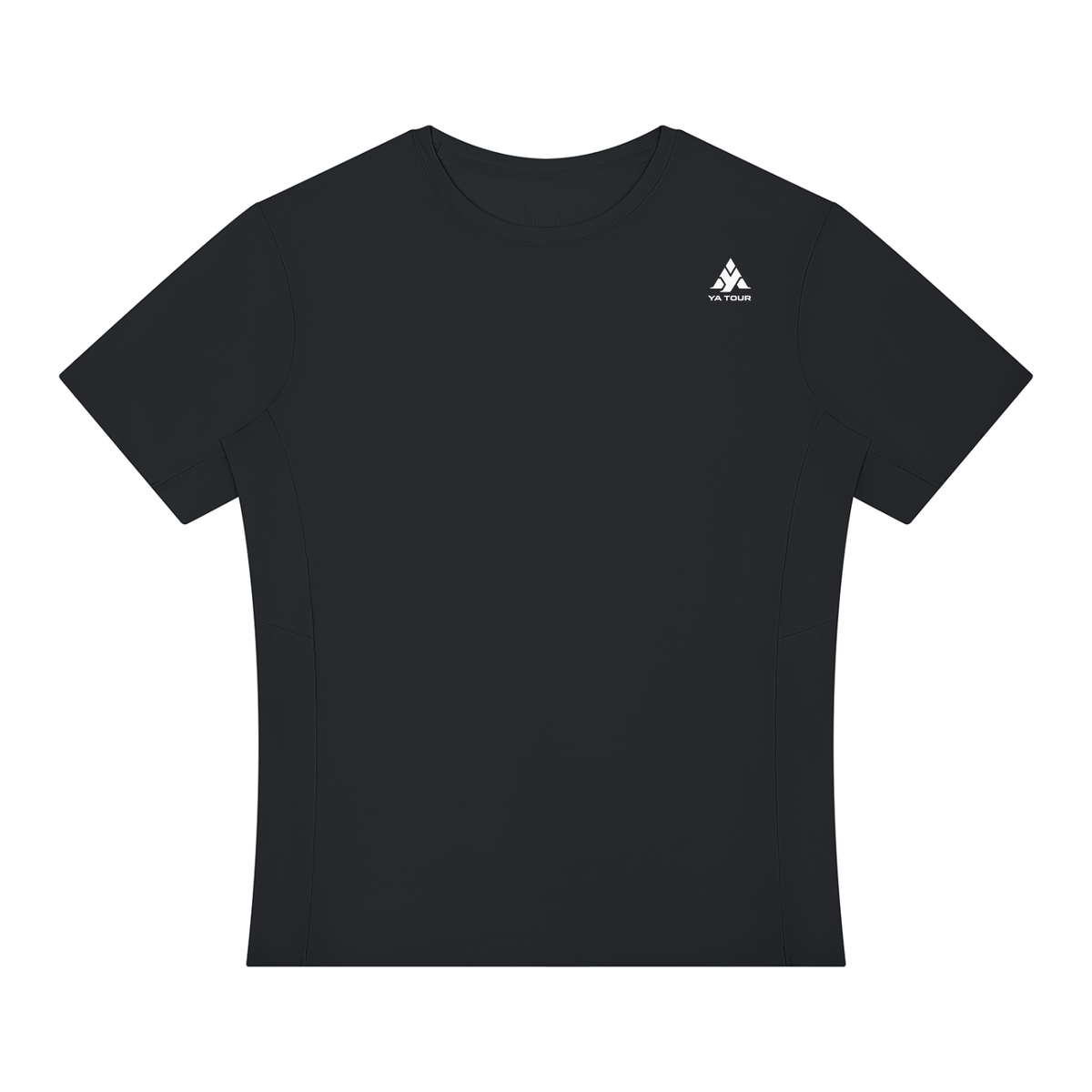YA TOUR Men's Lightweight Performance T-Shirt – Black, front flat lay showing crewneck, short sleeve and straight hem with logo YA TOUR on the chest