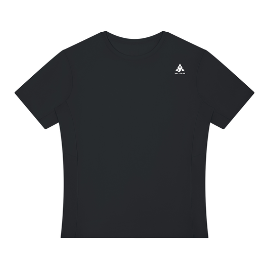 YA TOUR Men's Lightweight Performance T-Shirt – Black, front flat lay showing crewneck, short sleeve and straight hem with logo YA TOUR on the chest