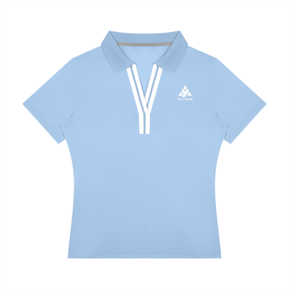 YA TOUR Women's Color Block Polo Shirt sky blue — front view with YA TOUR logo and white V-neck contrast stripe