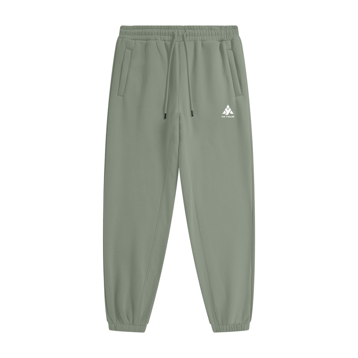 YA TOUR Unisex Heavyweight Fleece Joggers – Grayish Green, front flat lay showing mid-rise elastic waistband with drawstring, side pockets, tapered cuff and YA TOUR logo