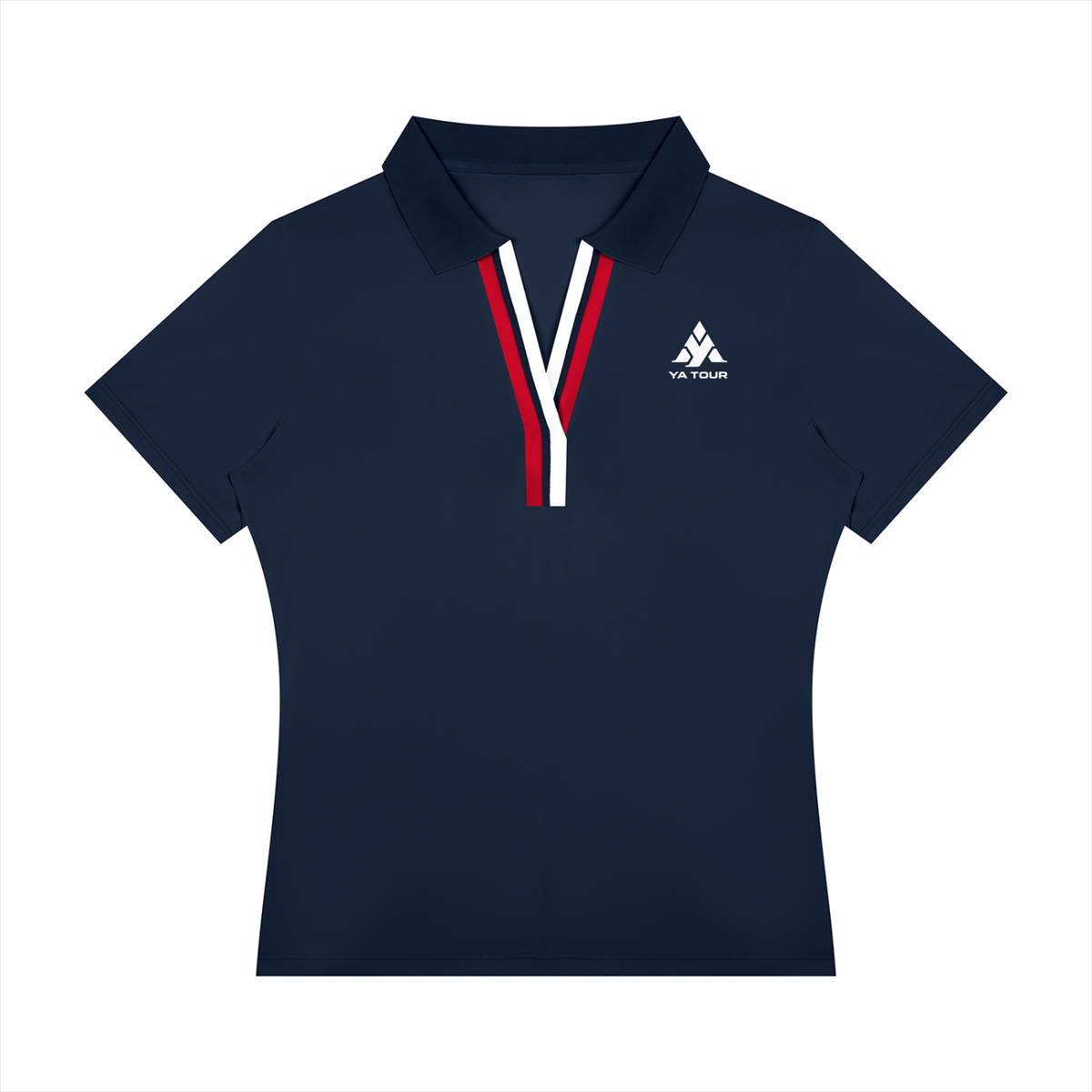 YA TOUR Women's Color Block Polo Shirt navy blue — front view with YA TOUR logo and red-white V-neck contrast stripe