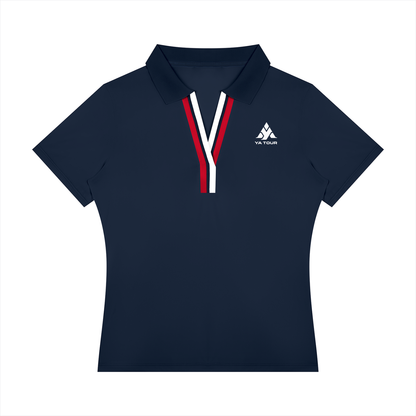 YA TOUR Women's Color Block Polo Shirt navy blue — front view with YA TOUR logo and red-white V-neck contrast stripe