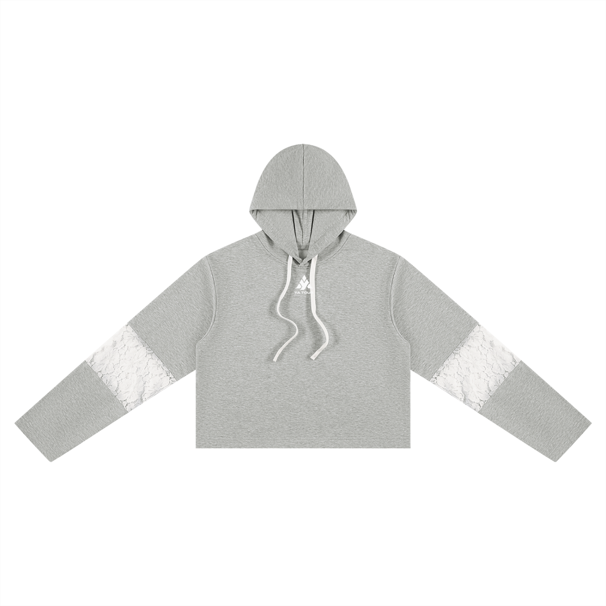 YA TOUR Women's Cropped Lace-Panel Hoodie – Flower Gray, front flat lay showing cropped boxy silhouette, lace panel on sleeve, drawstring hood and straight hem with logo YA TOUR