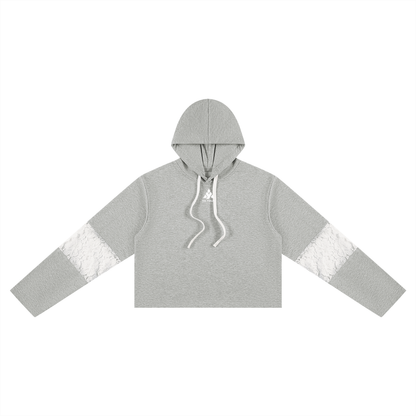 YA TOUR Women's Cropped Lace-Panel Hoodie – Flower Gray, front flat lay showing cropped boxy silhouette, lace panel on sleeve, drawstring hood and straight hem with logo YA TOUR