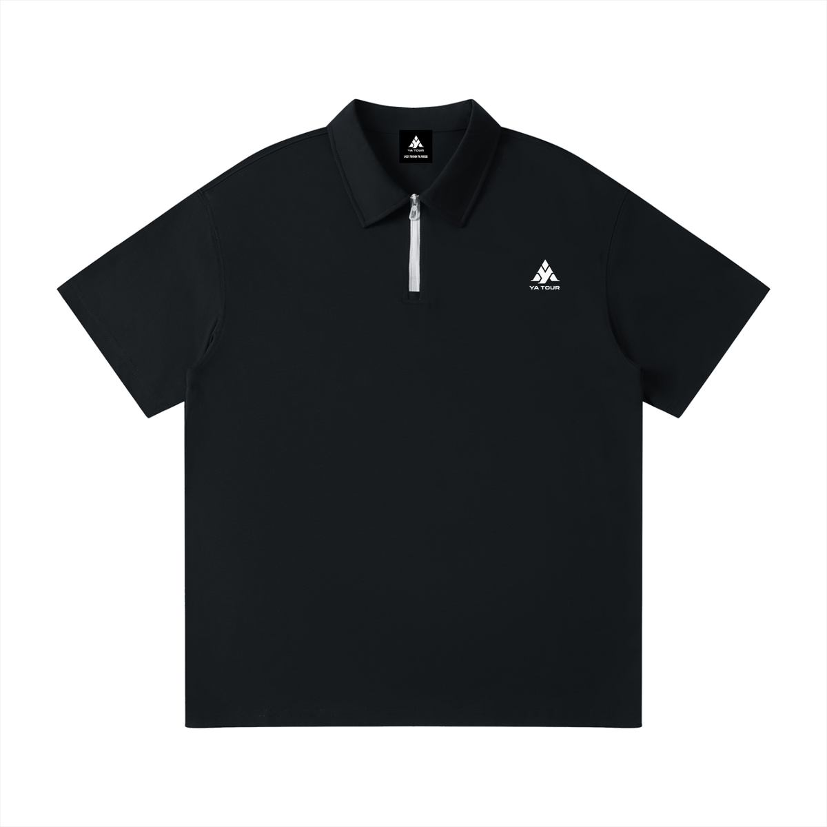 YA TOUR Unisex Quarter-Zip Polo Shirt – Black, front flat lay showing lapel collar and quarter-zip closure