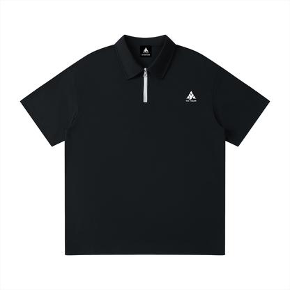 YA TOUR Unisex Quarter-Zip Polo Shirt – Black, front flat lay showing lapel collar and quarter-zip closure