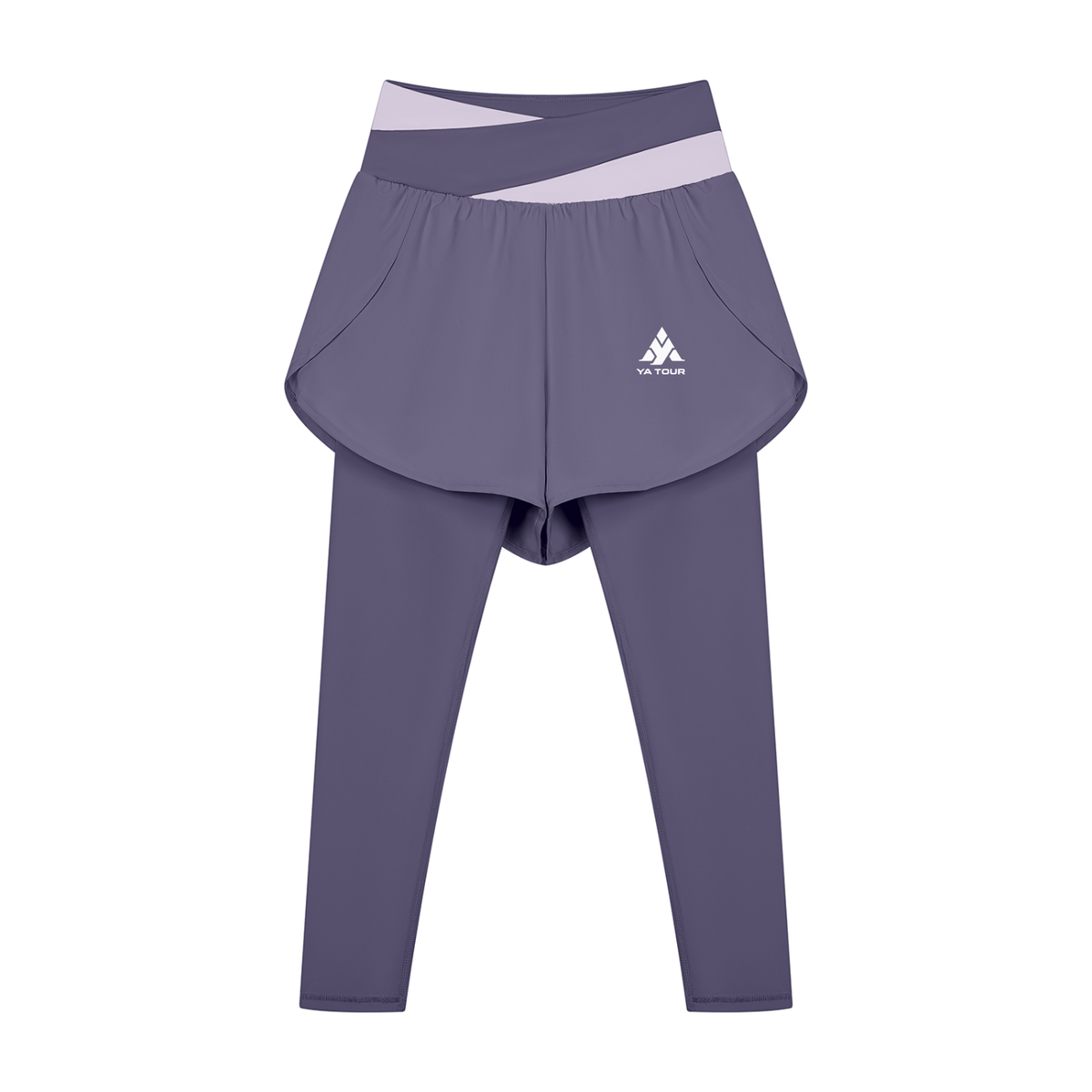 YA TOUR Women's Paneled High Waisted Shorts – Deep Purple with Light Purple, front view with logo YA TOUR