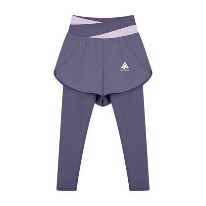 YA TOUR Women's Paneled High Waisted Shorts – Deep Purple with Light Purple, front view with logo YA TOUR