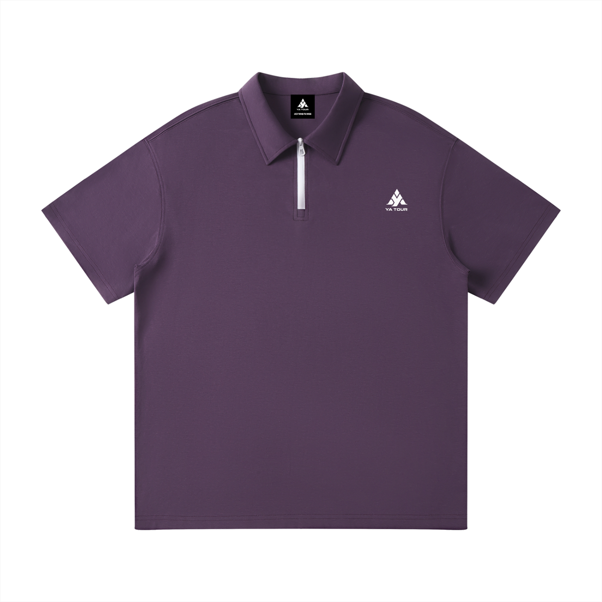 YA TOUR Unisex Quarter-Zip Polo Shirt – Purple, front flat lay with YA TOUR logo on chest and white quarter-zip closure