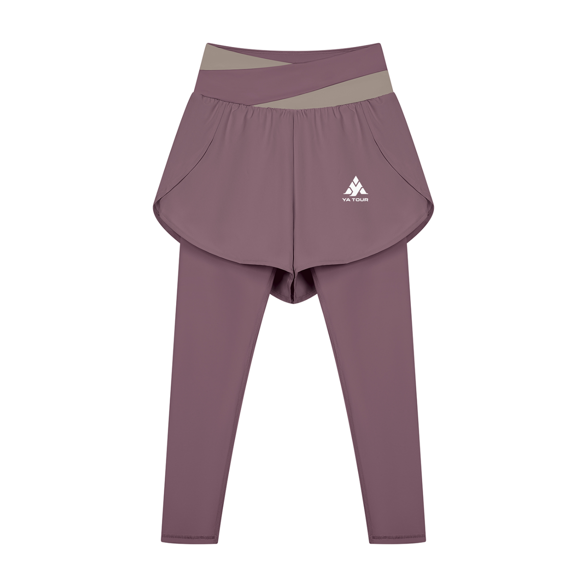YA TOUR Women's Paneled High Waisted Shorts – Misty Purple with Gray Purple, front view with logo YA TOUR