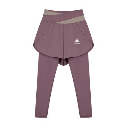 YA TOUR Women's Paneled High Waisted Shorts – Misty Purple with Gray Purple, front view with logo YA TOUR