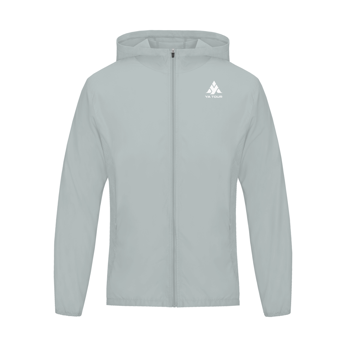 YA TOUR Soft Hooded Sports Tennis Jacket – Light Gray, front flat lay showing full-zip closure, hood and YA TOUR logo on chest, white studio background