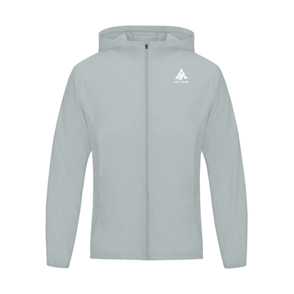 YA TOUR Soft Hooded Sports Tennis Jacket – Light Gray, front flat lay showing full-zip closure, hood and YA TOUR logo on chest, white studio background